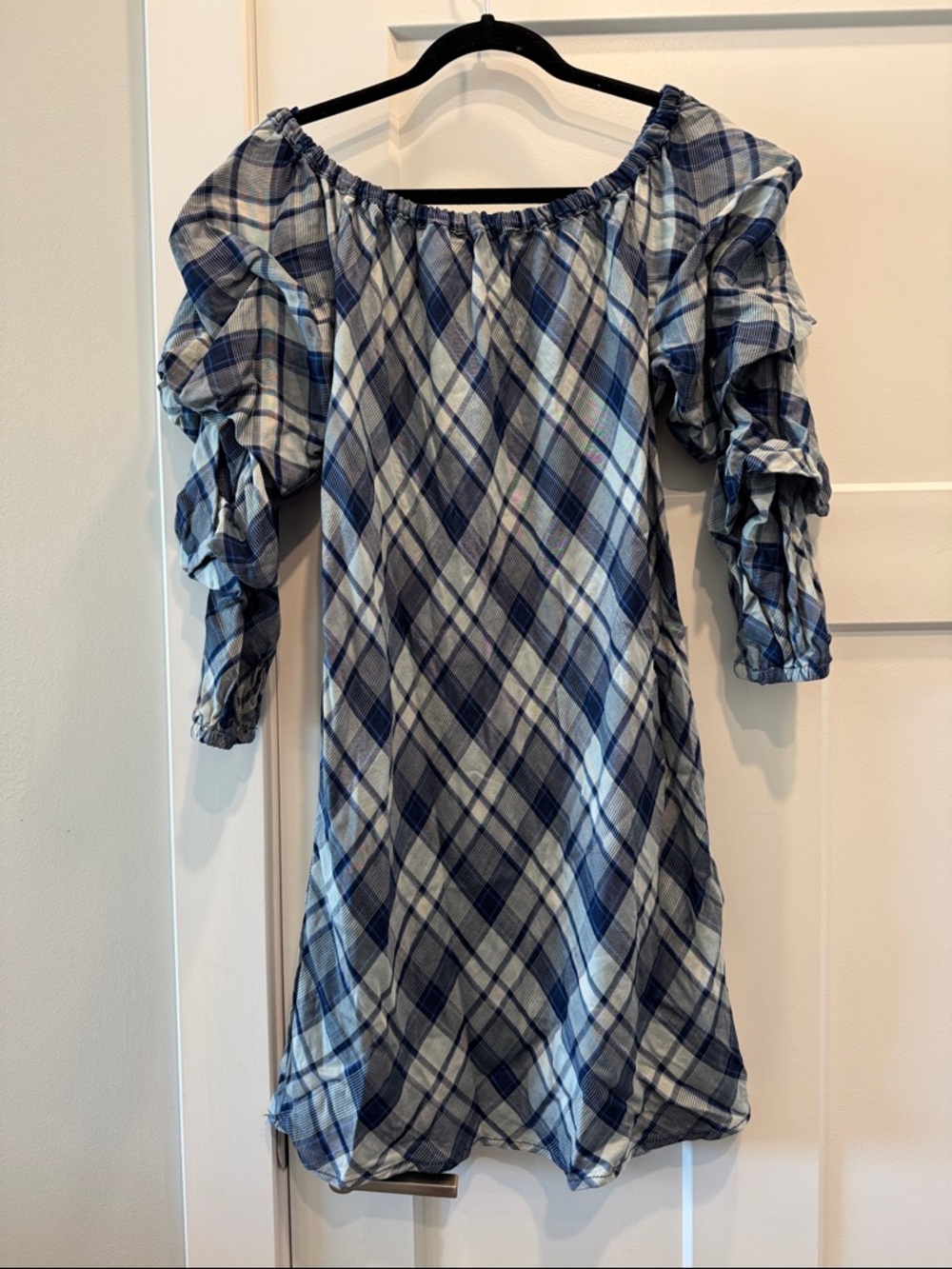 New with tags Max Studio Blue Plaid Off-Shoulder Ruffle Sleeve Dress Size:Large